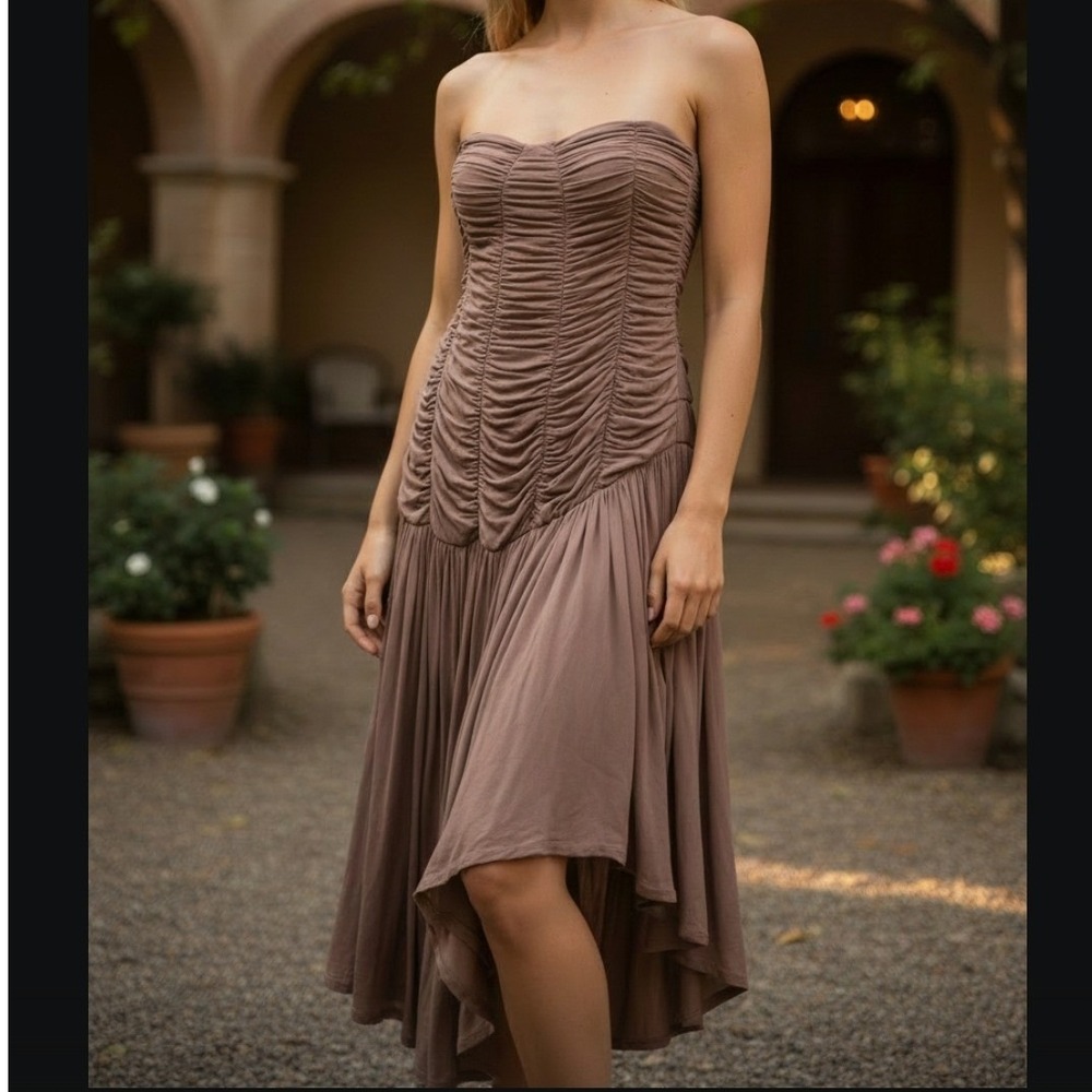 Celandine‎ Anthropologie Brown Ruched Strapless Asymmetrical Maxi Dress XL